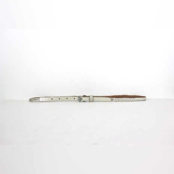 Pearlized Skinny White Silver Platinum Woven Braided Leather Belt, Narrow Silver - Picture 3 of 9